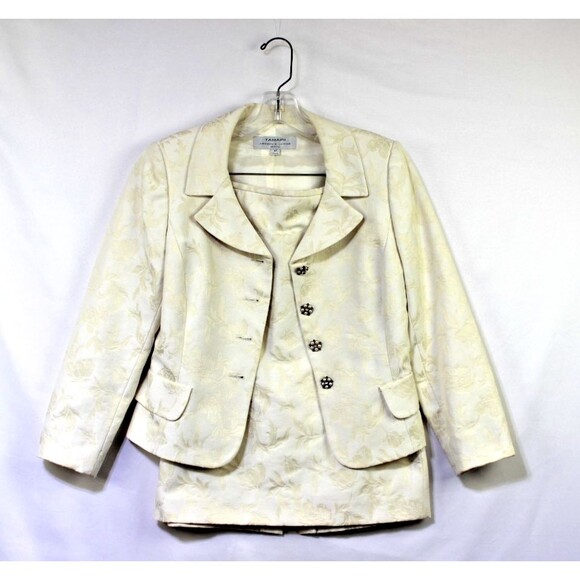 TAHARI ASL Skirt Suit Size 4 Two Piece Set Pockets Ivory Embossed Print  Read - Picture 1 of 16